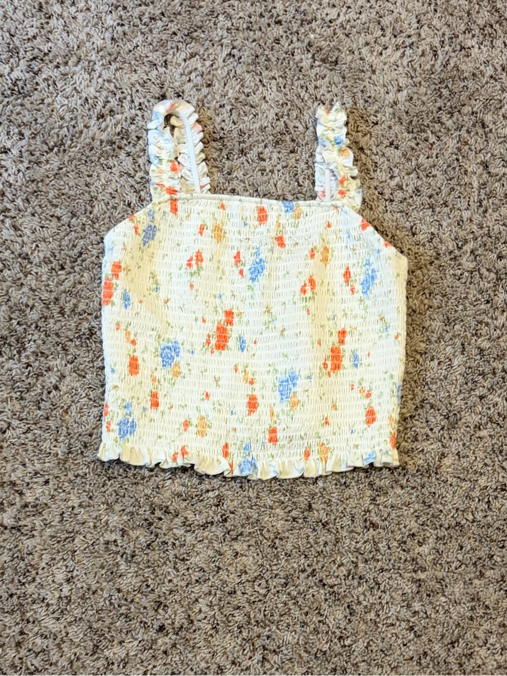 SO Smocked Floral Crop Tank in Cream with Orange & Blue
